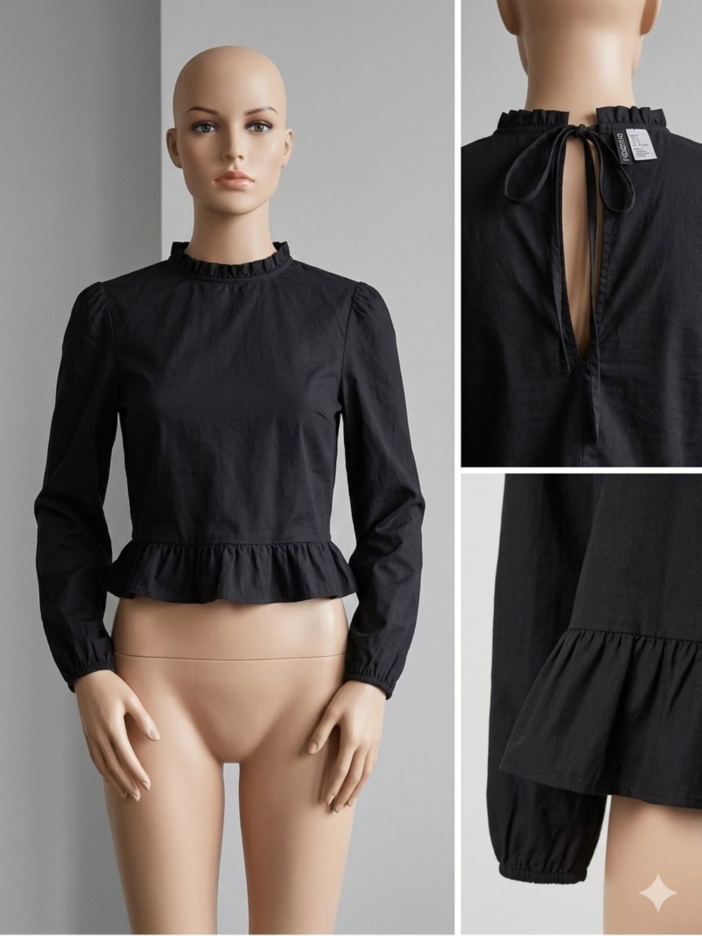 Divided Black Ruffle-Peplum Mock Neck Blouse • Size M